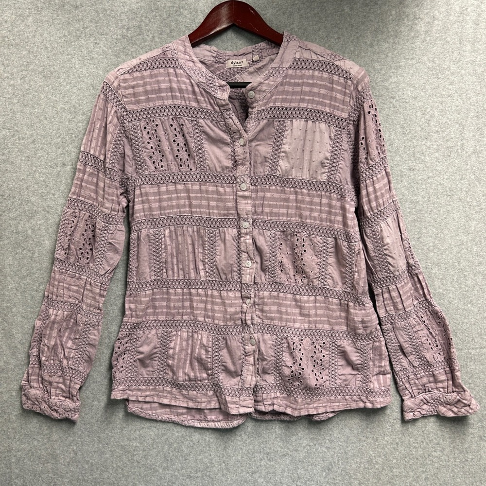 Dylan Button Down Blouse Purple Eyelet Lace Crochet Patchwork Boho Womens XS